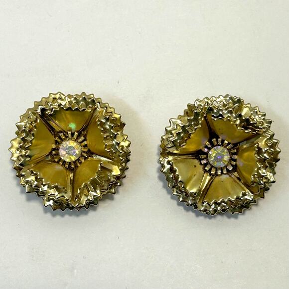 Vintage 60's Gold Plated Ruffle Petal Flower Brooch Earrings Set - Picture 5 of 6